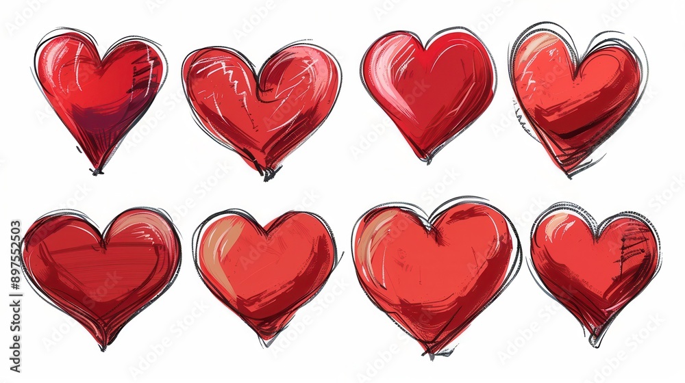 Aufkleber a set of eight hand-drawn red hearts in various styles, isolated on a white background. generative a