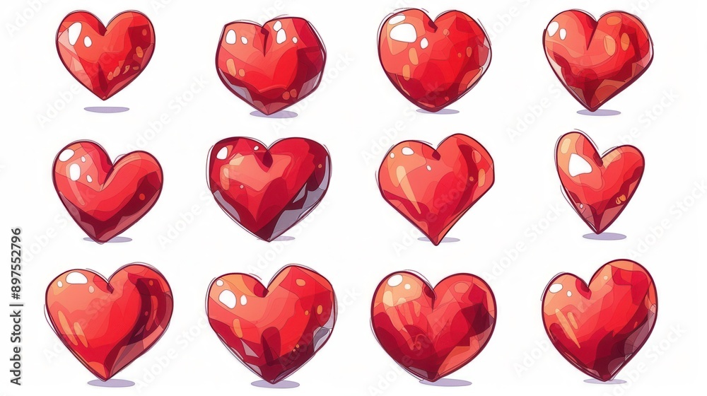 Fototapete a set of twelve red hearts, each with a different pose and style. generative ai