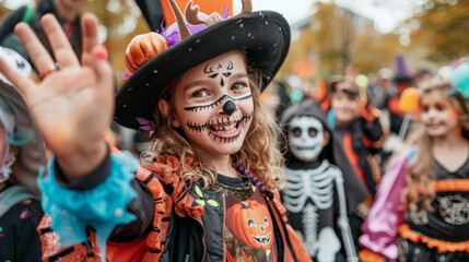 Happy child in witch costume waving at halloween parade