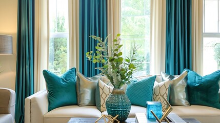 A modern living room with bold teal curtains and matching accent pillows