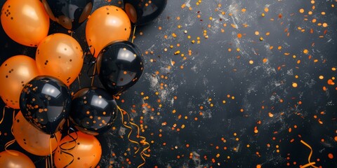 Black and orange balloons with confetti on a dark background. Banner with copy space
