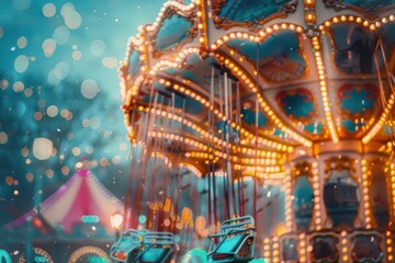 A brightly lit carousel at an amusement park, with a tent in the background.  The image is filled with light and color, creating a festive atmosphere.