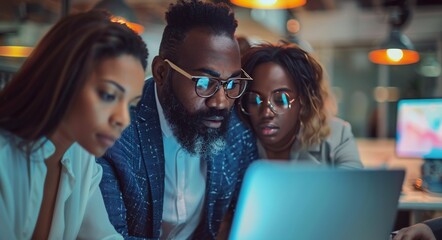 Diverse Team Working on Laptop in Modern Office
