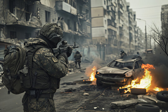 People's insurgents in urban combat with government forces commandos burning cars and tires prevents fire and smoke shooting sighting sniper army against the backdrop of the ruined city
