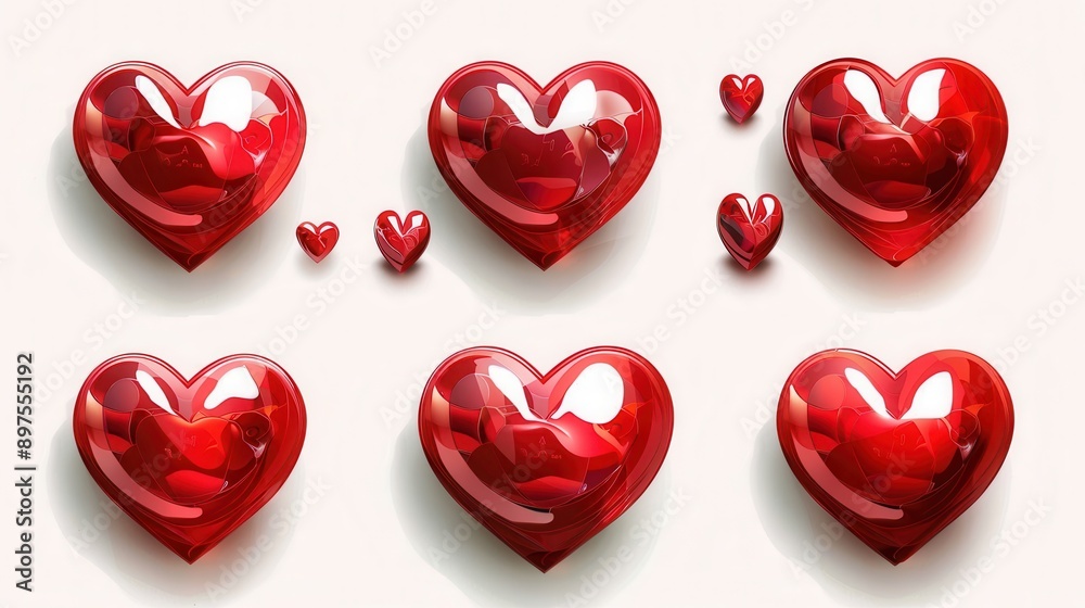 Poster a collection of red heart illustrations in various poses and styles, with different shades of red an