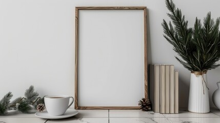 Simple Christmas indoor decoration with blank picture frame on tiled floor pine branches in vase coffee cup books white hall backdrop