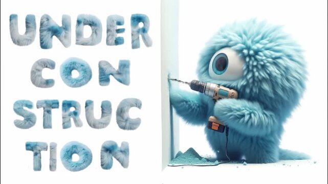 Small fluffy monster drills with a drill. Symbolic image for maintenance work on a website. Fluffy English text: under construction. Animated image.