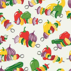 Onions, Peppers, Squash, and Zucchini as Vegetable Kabobs Ready to Grill creating a seamless pattern print background