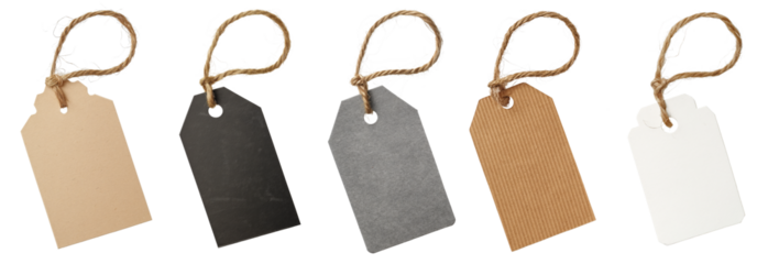 Carton paper label tags, with natural linen string cord knot. Different coloured versions, isolated on transparent background. Generative AI