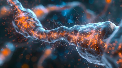 A close-up of neural activity in brain cells, highlighting synaptic connections