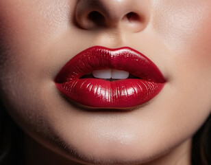 Obraz premium A close-up of a woman's lips, featuring shimmering red lipstick that adds a touch of sparkle. The lips are slightly parted, revealing a glimpse of white teeth. Sensuality and sexuality. AI generated