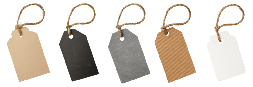 Carton paper label tags, with natural linen string cord knot. Different coloured versions, isolated on transparent background. Generative AI