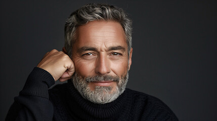 Obraz premium Portrait of handsome respectable man with blue eyes close-up on gray background. Photo of brutal 50-year-old man with gray hair and stubble