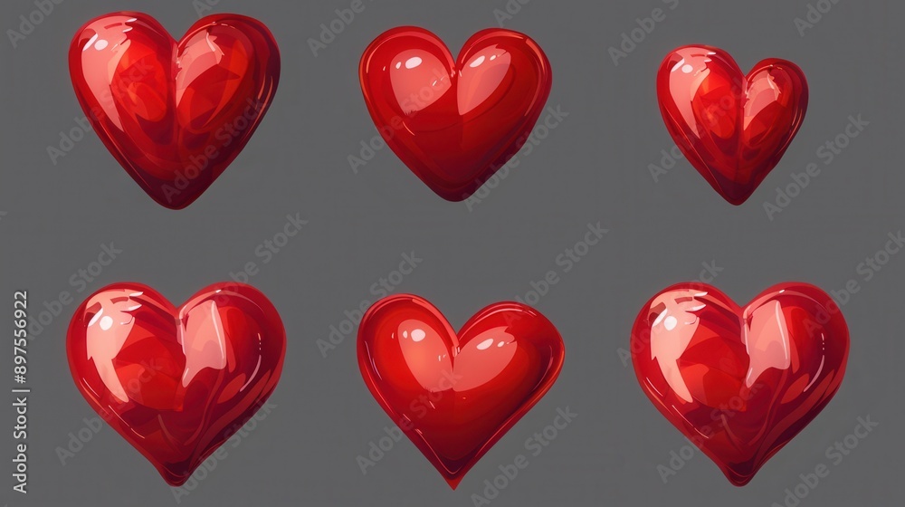 Aufkleber a collection of six red hearts in different poses, all with a glossy, shiny finish. generative ai