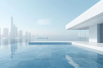 Modern buildings by the lake. The modern urban skyline is in the background.