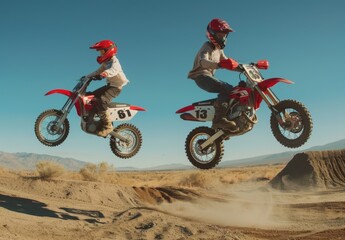 Two young children are jumping in a dirtbike landscape with a blue sky