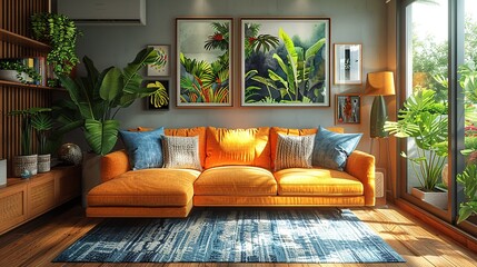 A chic living room with an eclectic design, featuring a mix of patterns, textures, and vibrant colors for a unique and personalized look. Watercolor style, high resolution Illustration, in the style