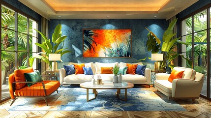 A chic living room with an eclectic design, featuring a mix of patterns, textures, and vibrant colors for a unique and personalized look. Watercolor style, high resolution Illustration, in the style