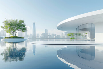 Modern buildings by the lake. The modern urban skyline is in the background.