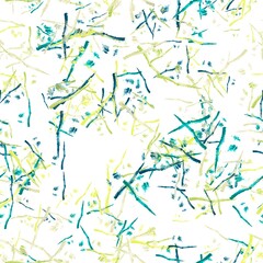Abstract thin watercolor brush strokes. Japanese texture. Deep sea blue, persian blue, pale olive green and light lime green colors on the white background. Seamless hand drawn pattern
