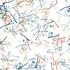 Abstract thin watercolor brush strokes. Japanese texture. Dark aqua, dusty teal, rock blue, orange and buttermilk colors on the white background. Seamless hand drawn pattern