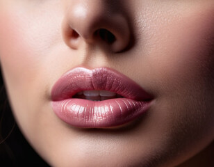 Fototapeta premium A close-up of a woman's lips, featuring shimmering pink lipstick that adds a touch of sparkle. The lips are slightly parted, revealing a glimpse of white teeth. Sensuality and sexuality. AI generated