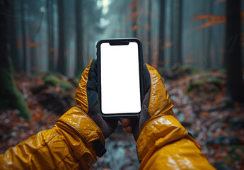  A vivid image of hands gripping a Phone while using a GPS app, with a forest hiking trail 