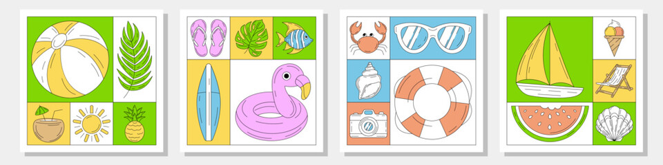 Set of geometric modern square card with simple minimalist summer beach colorful elements. Collection of trendy vector background, geometry. Abstract layout for poster, cover, brochure, party, banner