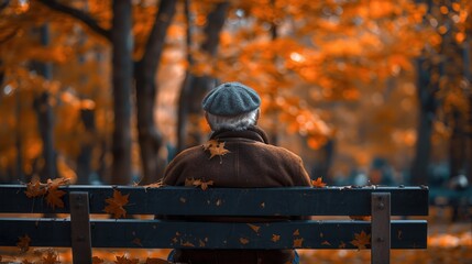 Elderly man sitting on a bench in an autumn park, surrounded by vibrant orange leaves, reflecting peaceful solitude.