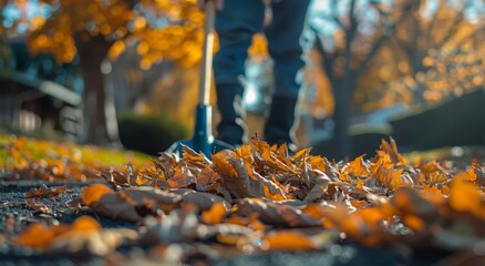Obraz premium Person Raking Fallen Leaves in a Residential Neighborhood