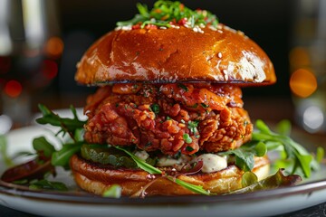 sophisticated fried chicken burger with a delicate, crispy fried chicken patty, a tangy aioli, and a sprinkle of fresh herbs
