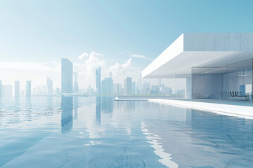 Modern buildings by the lake. The modern urban skyline is in the background.