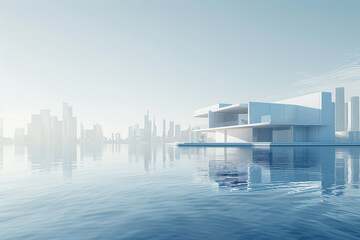 Modern buildings by the lake. The modern urban skyline is in the background.