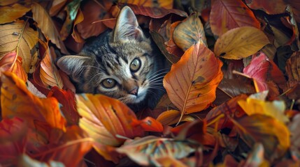 Tabby cat hiding among autumn leaves