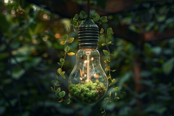 Decorative light with plants symbolizes ecofriendly design among foliage, evoking ecoconsciousness