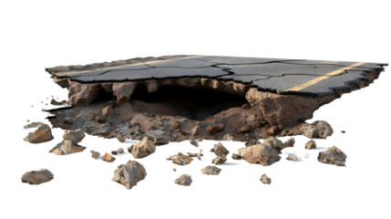 Cracked asphalt with large hole and exposed dirt isolated png transparent background