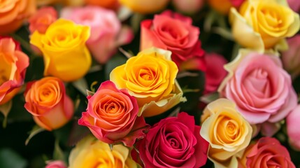 Colorful roses in full bloom, arranged in a beautiful bouquet