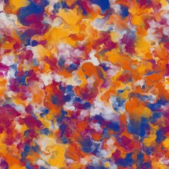 Lapis blue, red purple, deep orange, bee yellow and white abstract blurred brush strokes. Seamless hand drawn pattern.