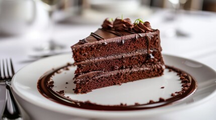 Chocolate cake on a white plate, with rich layers and a drizzle of chocolate sauce