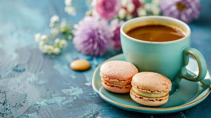 Cup of coffee with macarons and flowers on a table