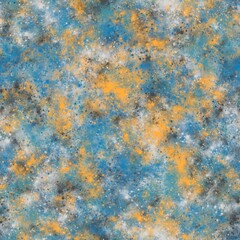 Abstract vibrant brush strokes, stars and galaxy imitation. Seamless hand drawn pattern. Yellow, water blue, light grey and charcoal grey colors.