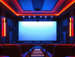 Modern Home Theater Interior with Red and Blue Lighting.