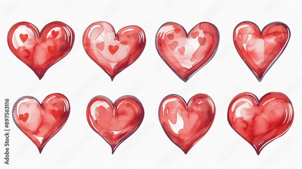 Poster a collection of eight watercolor red hearts, each with a unique style, creating a vibrant and romant
