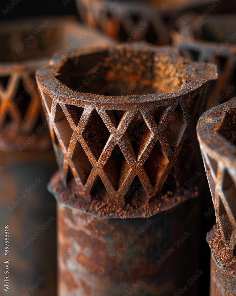 Poster Rusted metal tubes with a patterned design. AI.