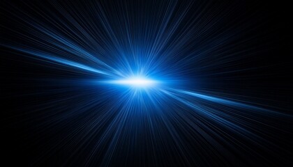 Wide angle panoramic view of a blue flare of light ray on plain black background