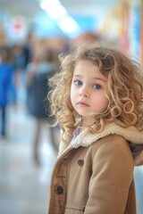 Fototapeta premium A young girl with curly hair looks thoughtfully into the distance. AI.