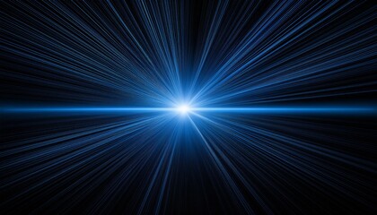 Wide angle panoramic view of a blue flare of light ray on plain black background