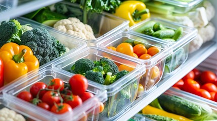 Obraz premium Organized refrigerator with neatly arranged vegetables in containers