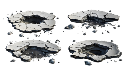 cracked asphalt with large potholes and scattered debris  isolated transparent background 