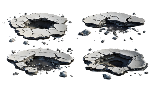 cracked asphalt with large potholes and scattered debris  isolated transparent background 